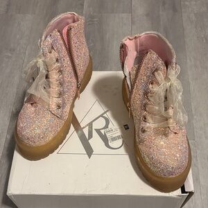 YRU Glittery Pink Combat Boots with Ribbon Laces Size 7